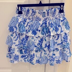 Amanda Siggy Skirt Roller Rabbit Blue and White Floral Tiered Mini Skirt size XS